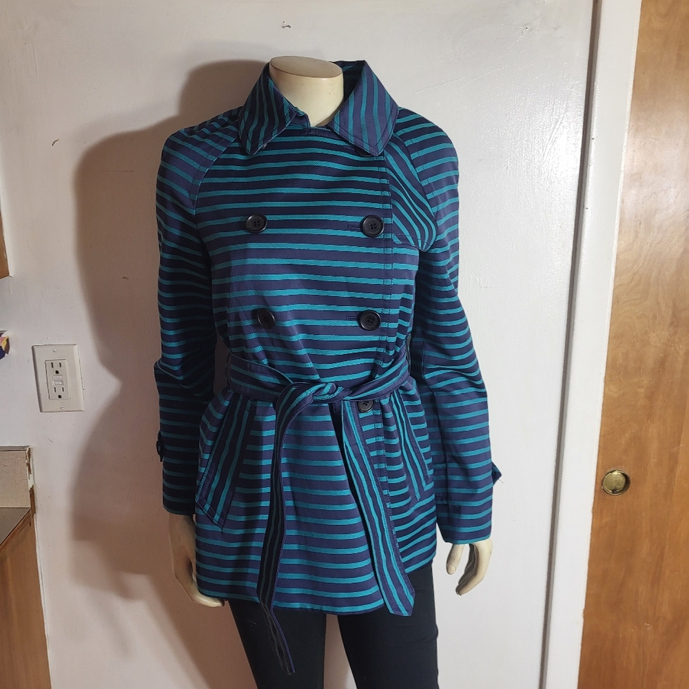 Coach Teal Black Striped Trench Coat Sz XS